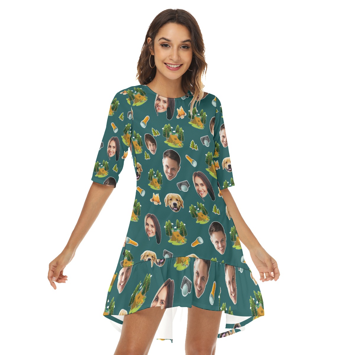 Funny Camping Custom Face Hawaiian Half Sleeve Dress With Ruffle Hem - variant image 1