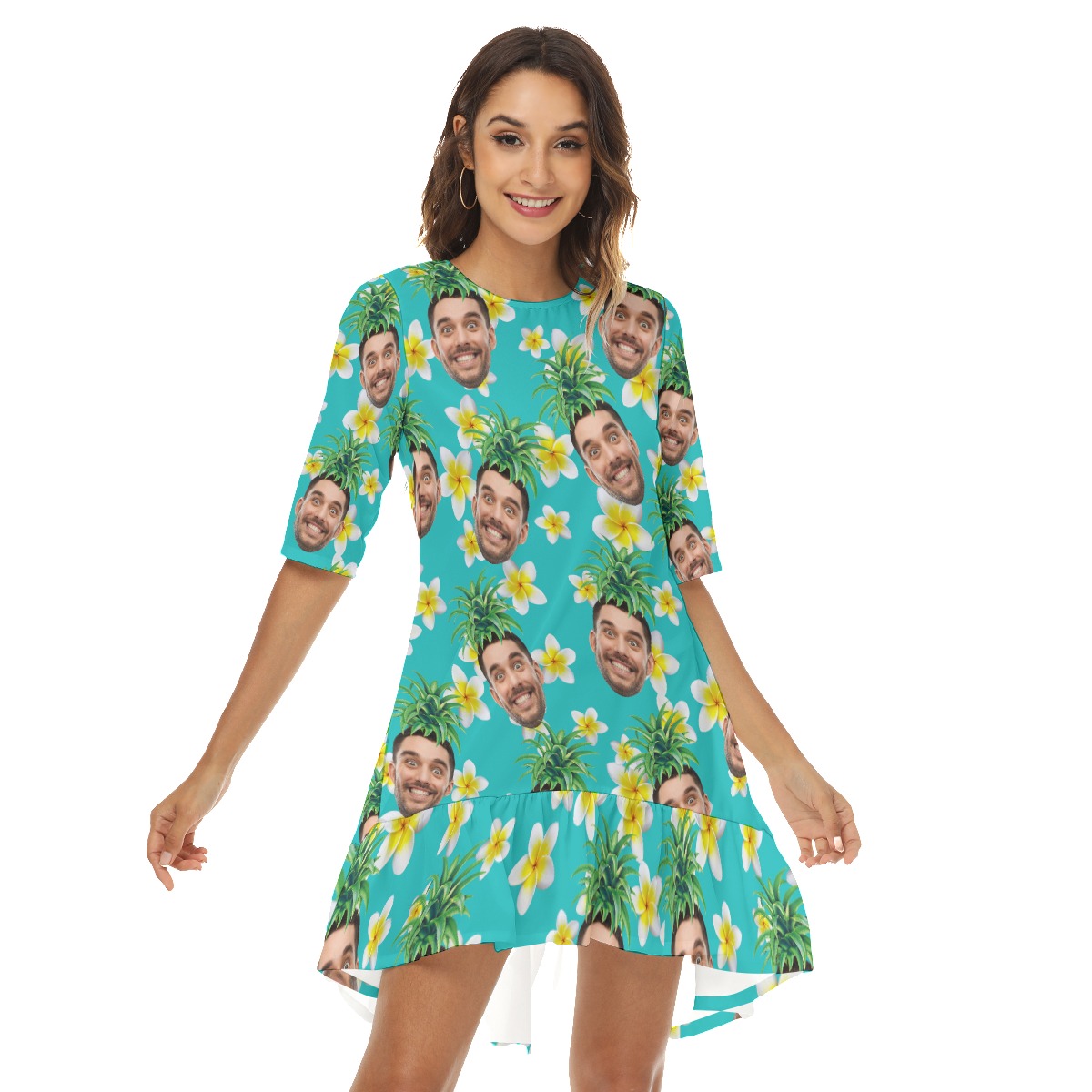 Funny Pineapple Custom Face Hawaiian Half Sleeve Dress With Ruffle Hem - variant image 1