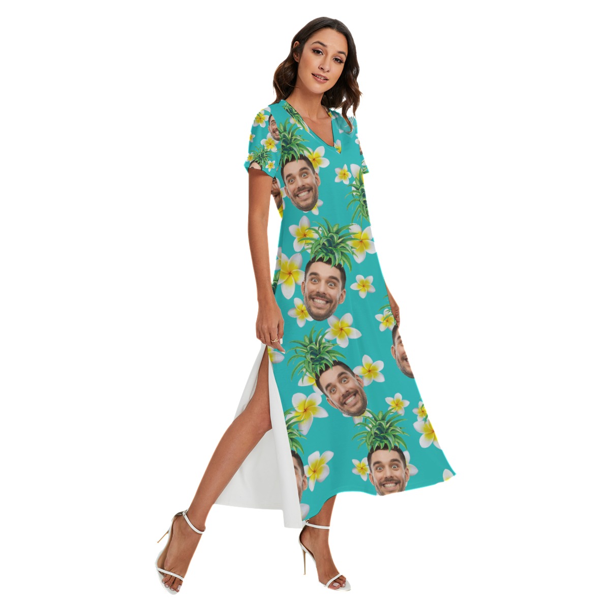 Funny Custom Face Pineapple Hawaiian Dress With Side Slit For Women - variant image 1