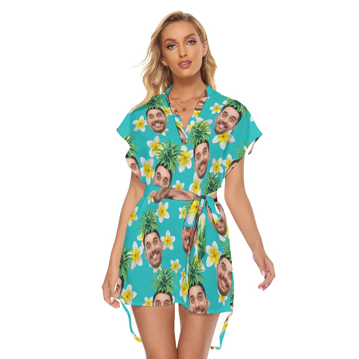 Funny Custom Face Pineapple Hawaiian Dress With Belt For Summer - variant image 1