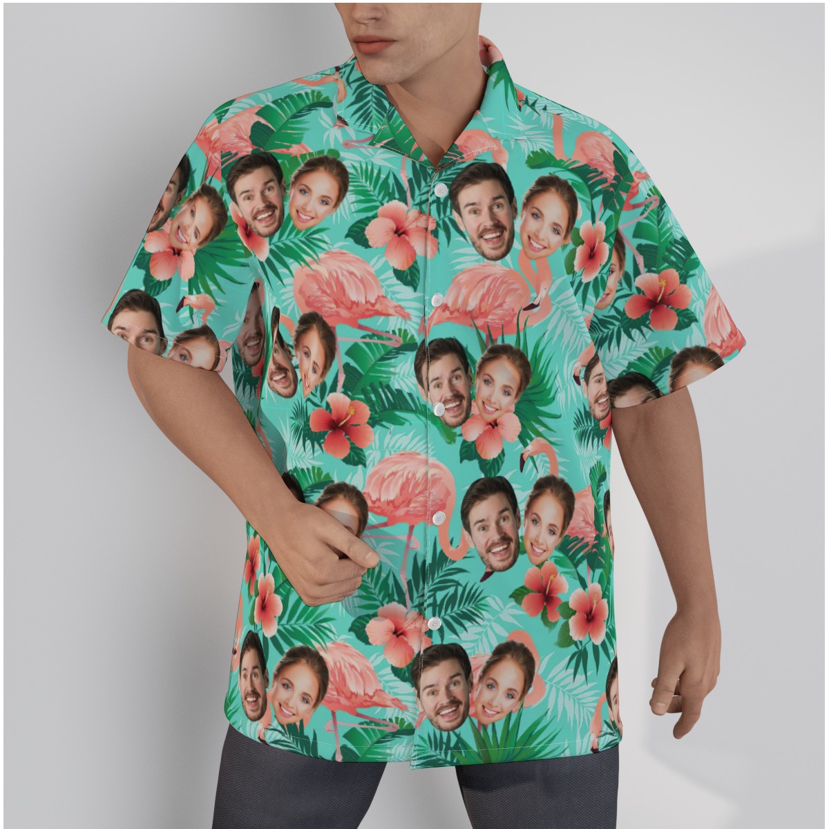 Flamingo Hibiscus Blue Custom Face Hawaiian Shirt For Couples - variant image 1
