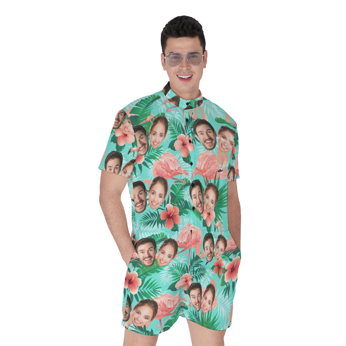 Flamingo Hibiscus Custom Hawaiian Men Romper With 2 Faces - variant image 1