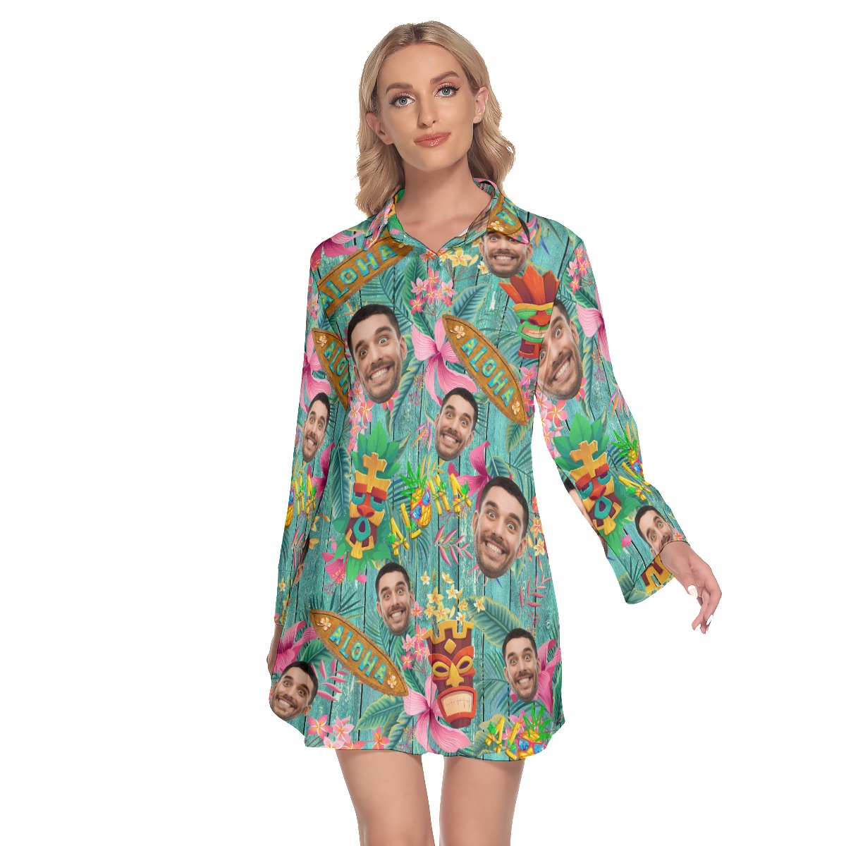 Funny Custom Face Tiki Vintage Hawaiian Shirt Dress For Women - variant image 1