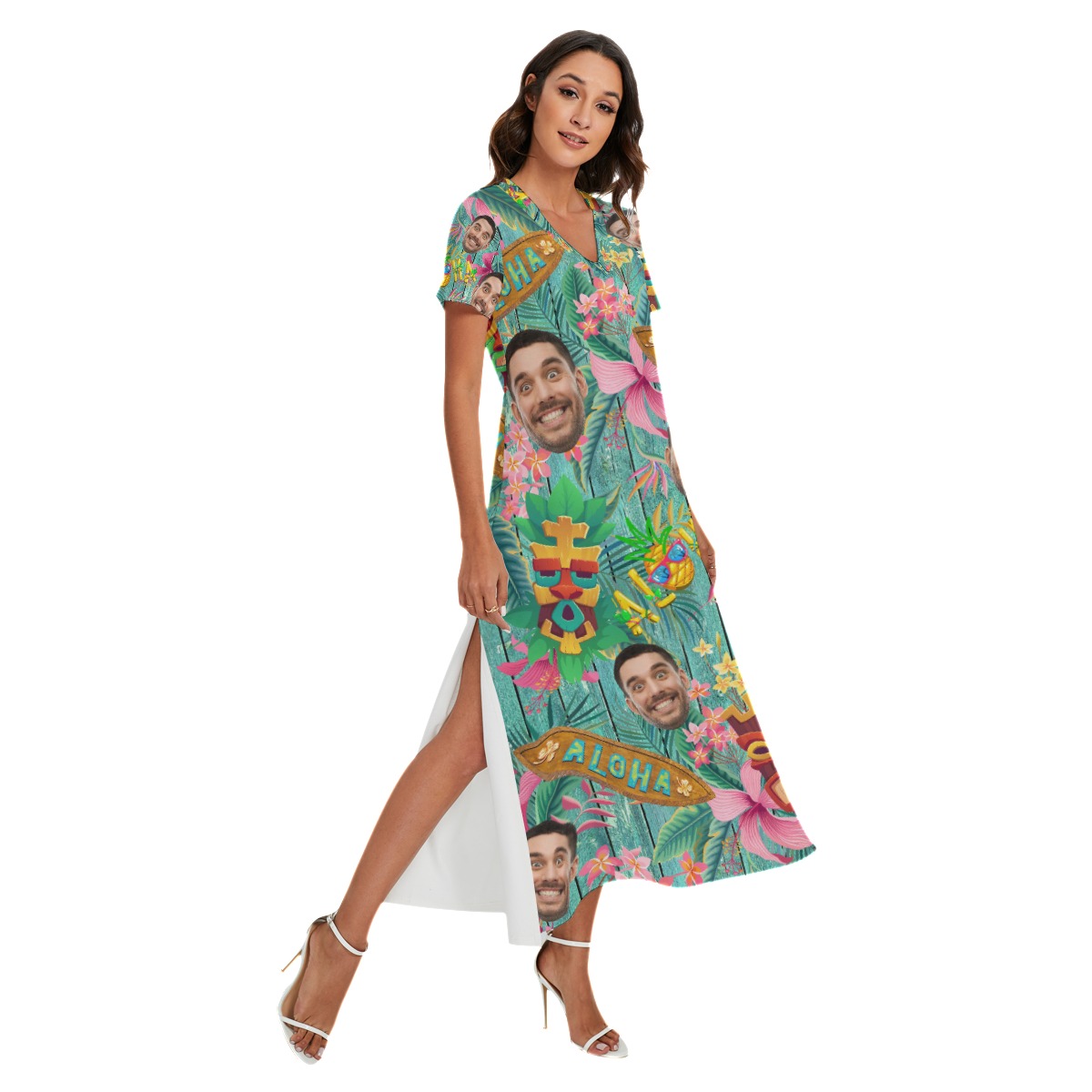 Custom Face Vintage Hawaiian V-Neck Dress With Side Slit - variant image 1