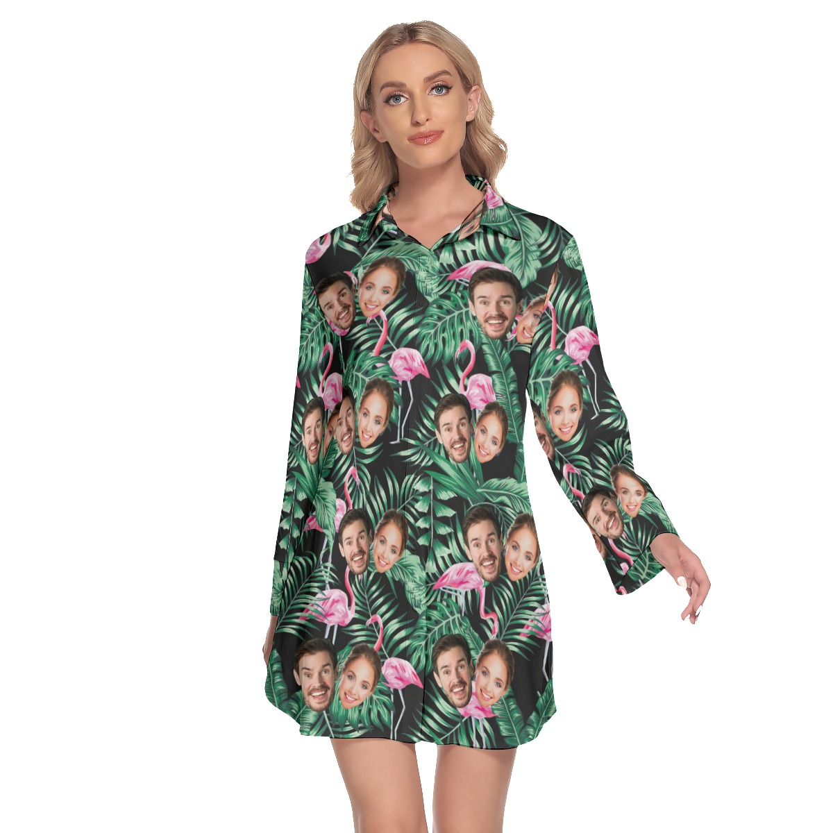 Flamingo Tropical Custom 2 Faces Lapel Long Sleeve Dress - variant image 1