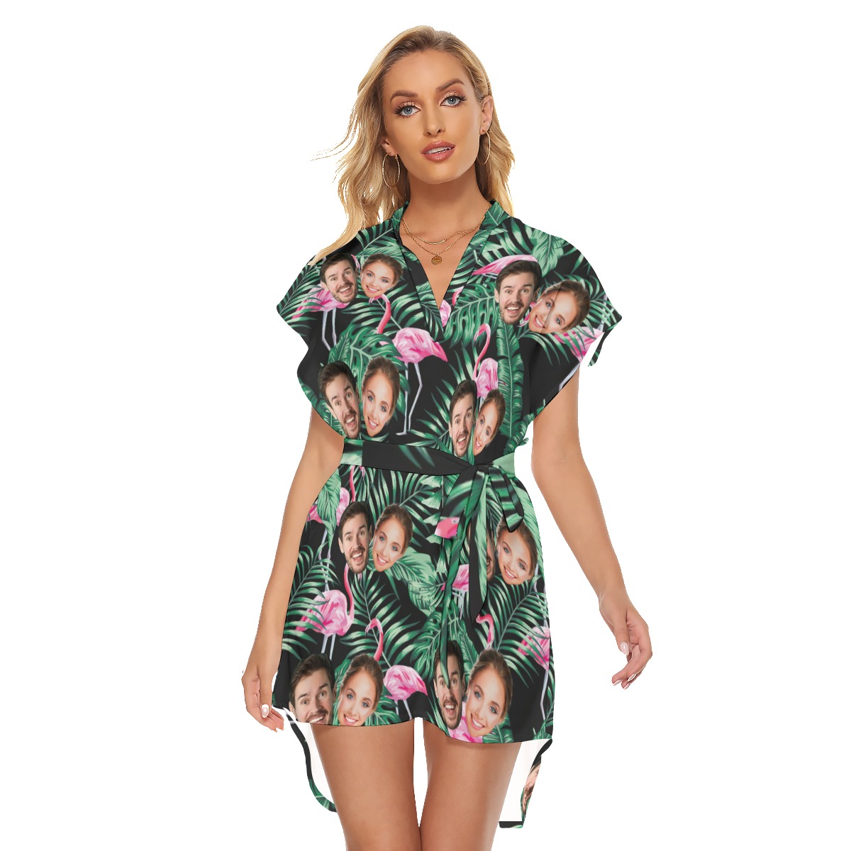 Flamingo Tropical Custom 2 Faces Women's Hawaiian Dress With Belt - variant image 1