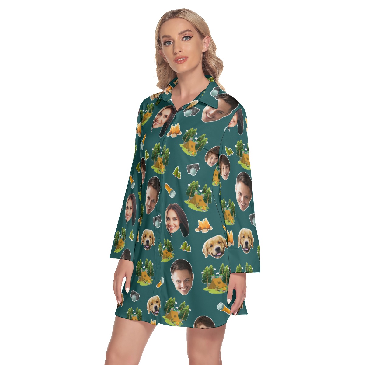 Custom Face Family Camping Hawaiian Shirt Dress With Long Sleeve For Women