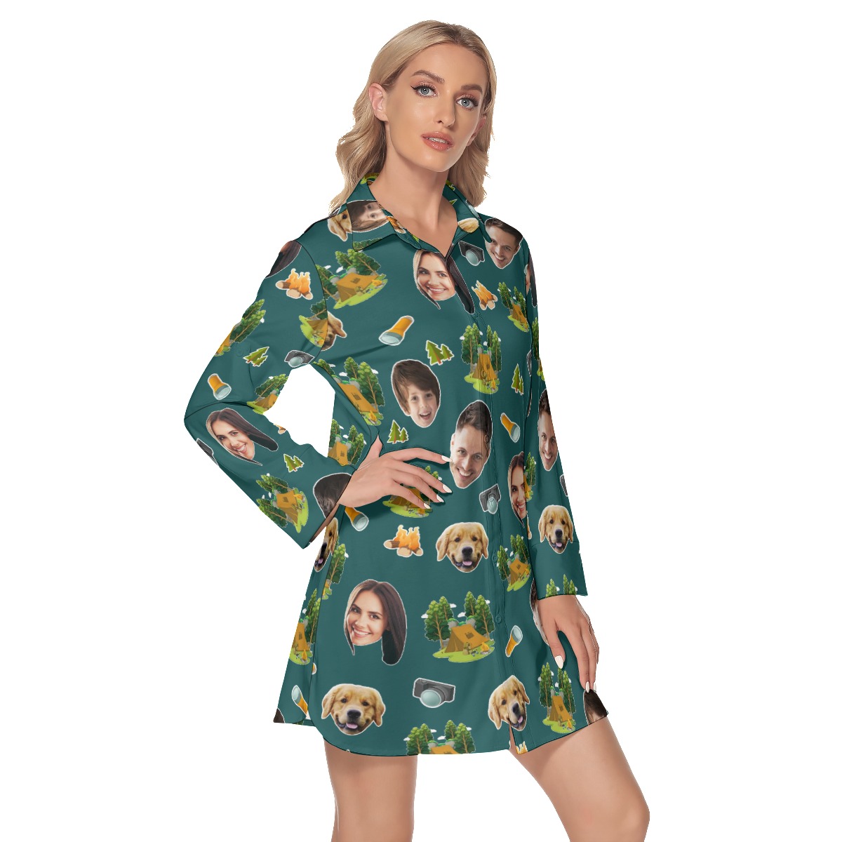 Custom Face Family Camping Hawaiian Shirt Dress With Long Sleeve For Women