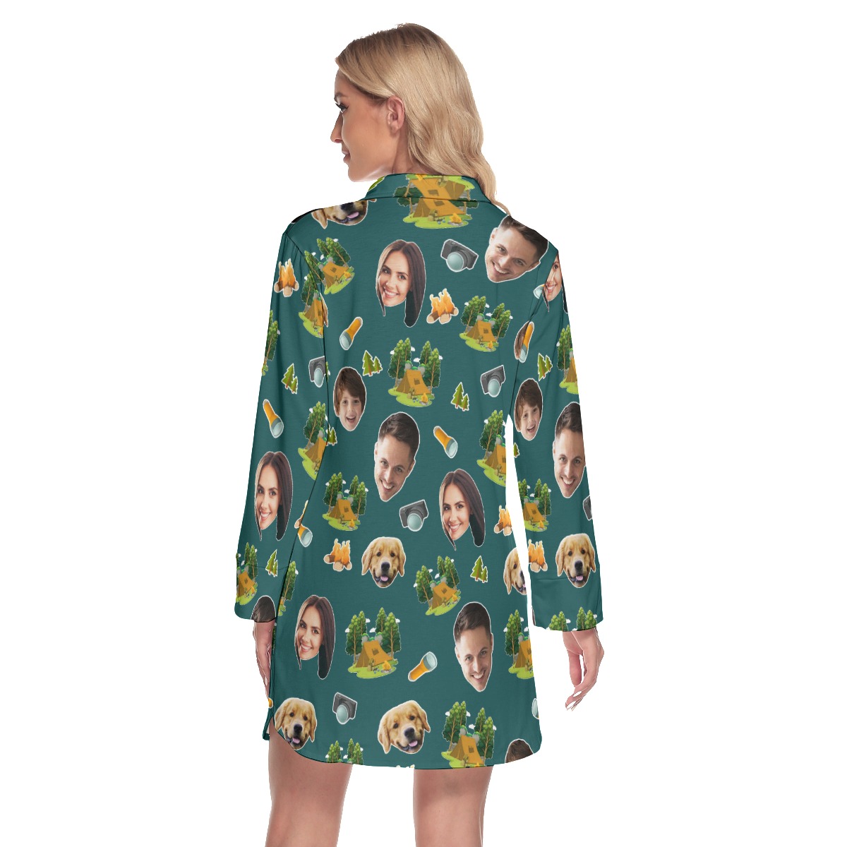 Custom Face Family Camping Hawaiian Shirt Dress With Long Sleeve For Women