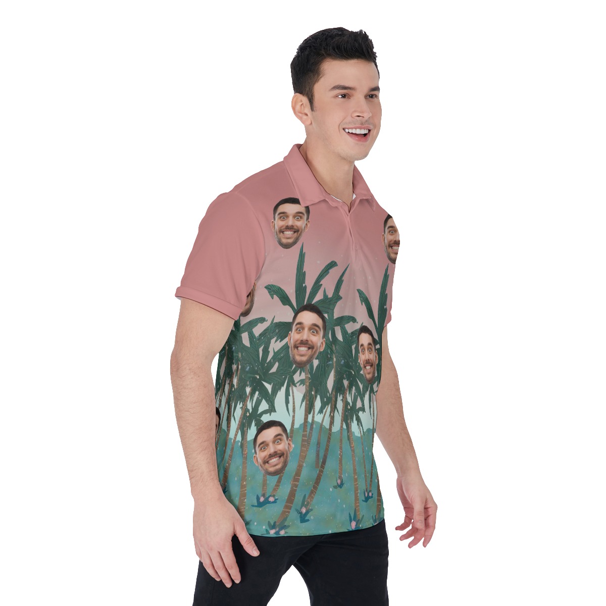 Pink Men's Hawaiian Polo Shirt With Custom Face