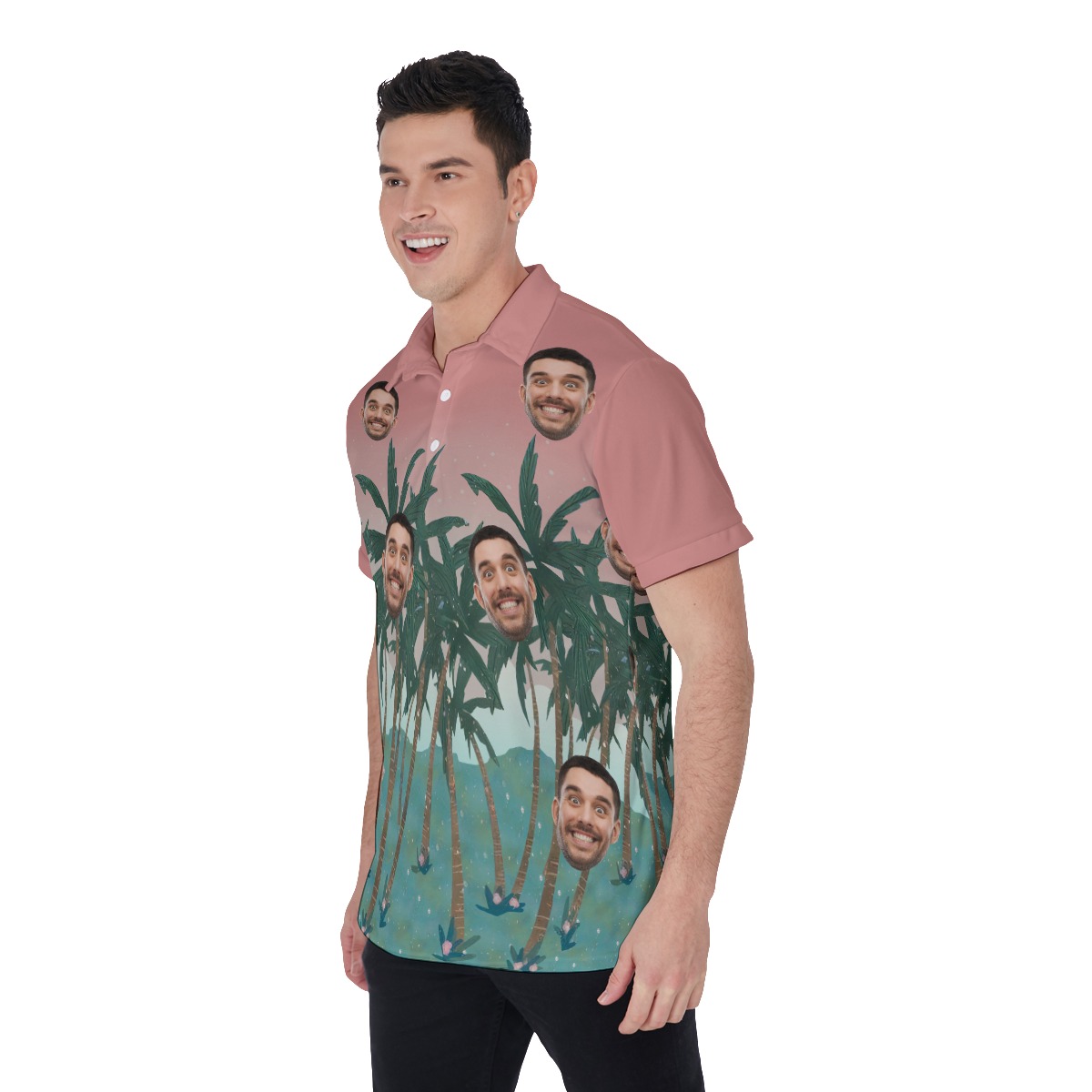 Pink Men's Hawaiian Polo Shirt With Custom Face
