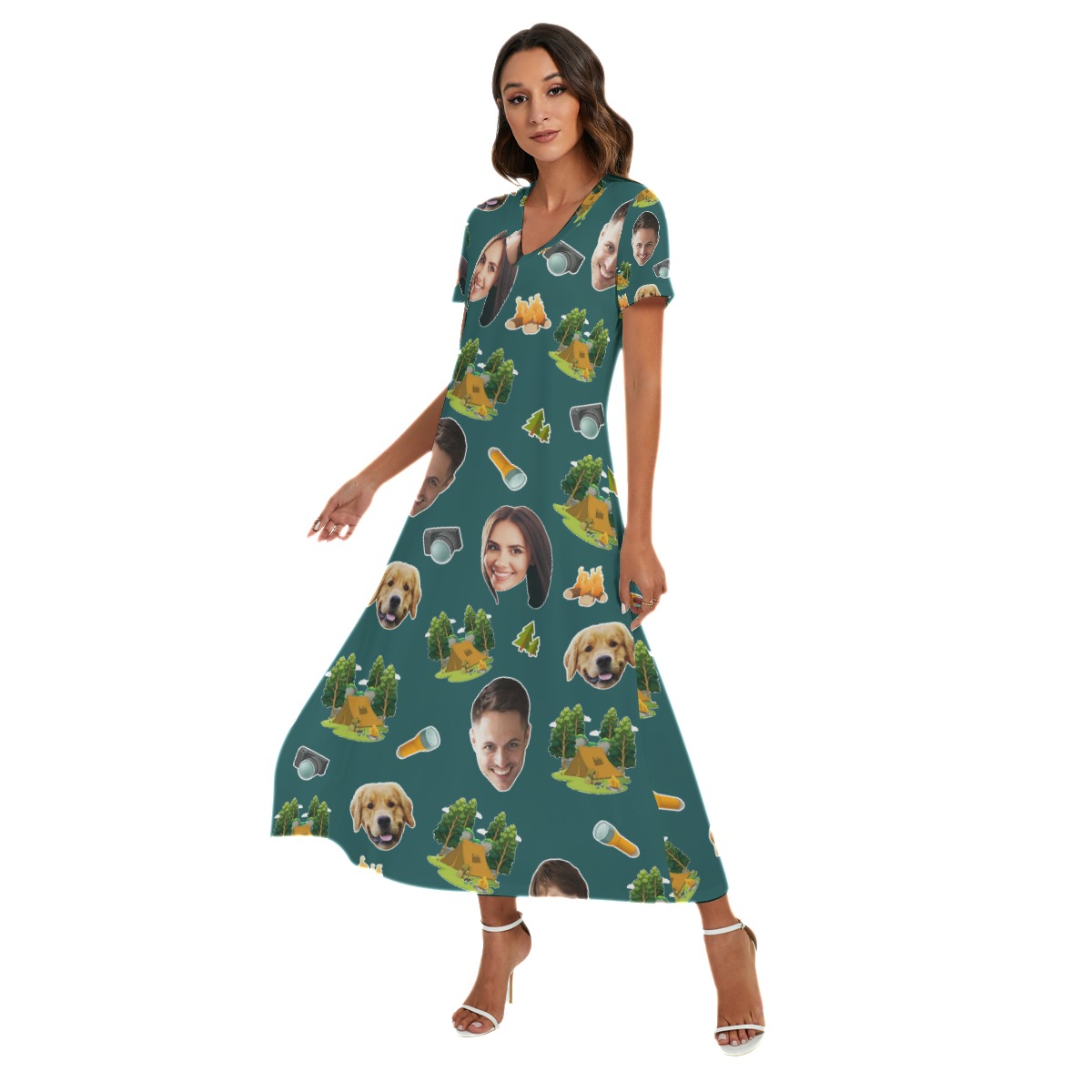 Funny Camping Custom Face Hawaiian V-neck Dress With Side Slit