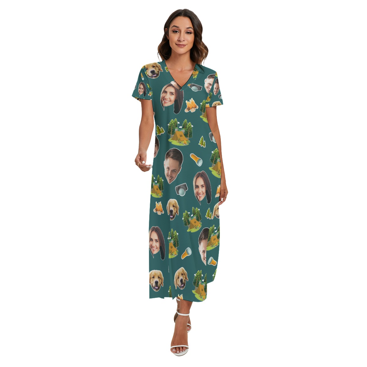 Funny Camping Custom Face Hawaiian V-neck Dress With Side Slit