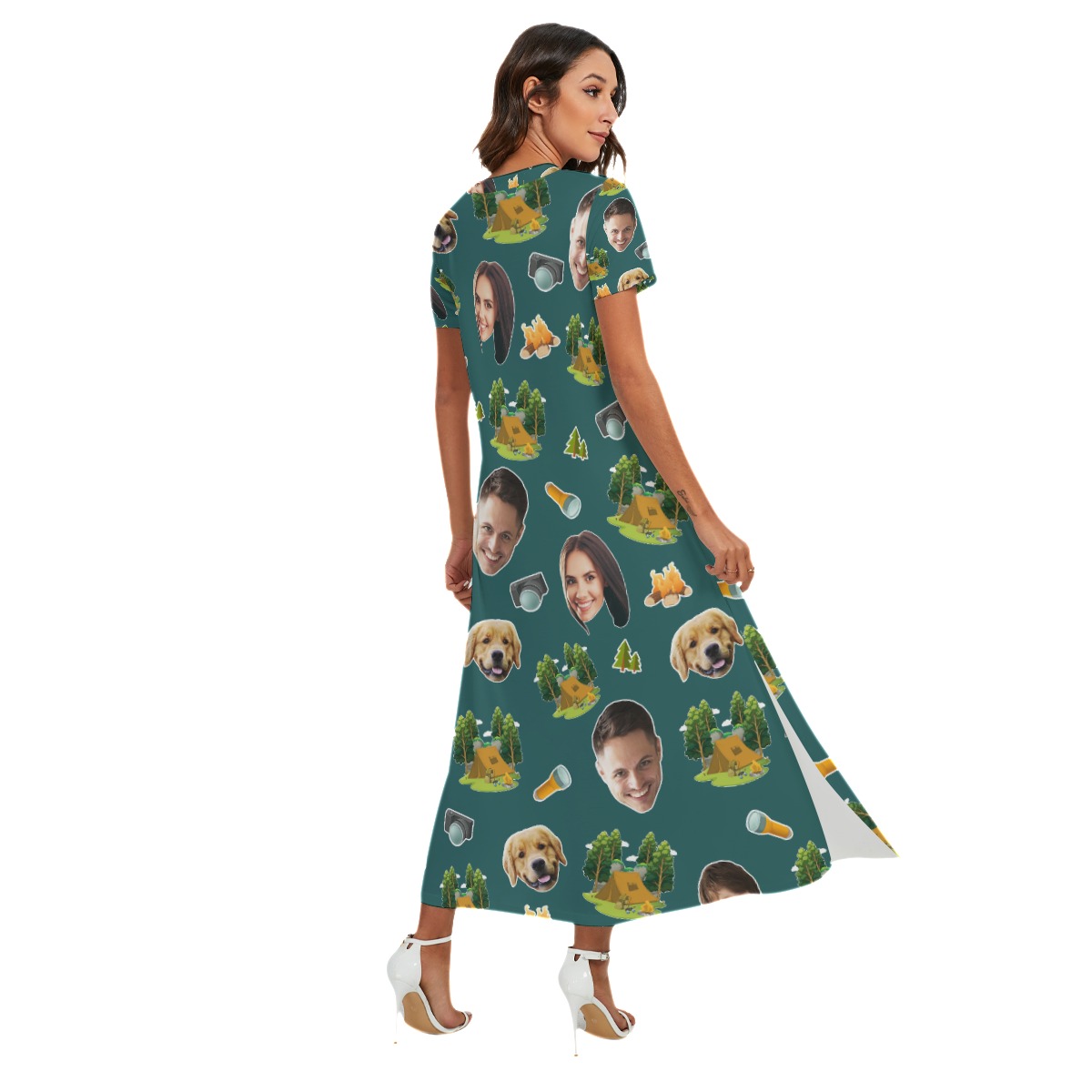 Funny Camping Custom Face Hawaiian V-neck Dress With Side Slit
