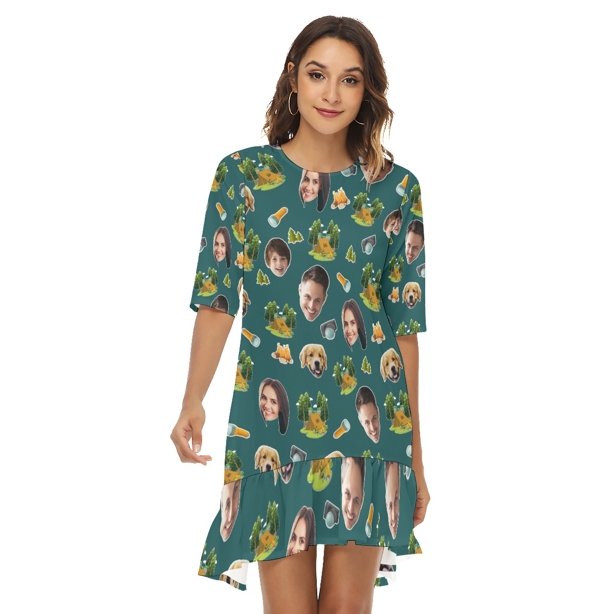 Funny Camping Custom Face Hawaiian Half Sleeve Dress With Ruffle Hem