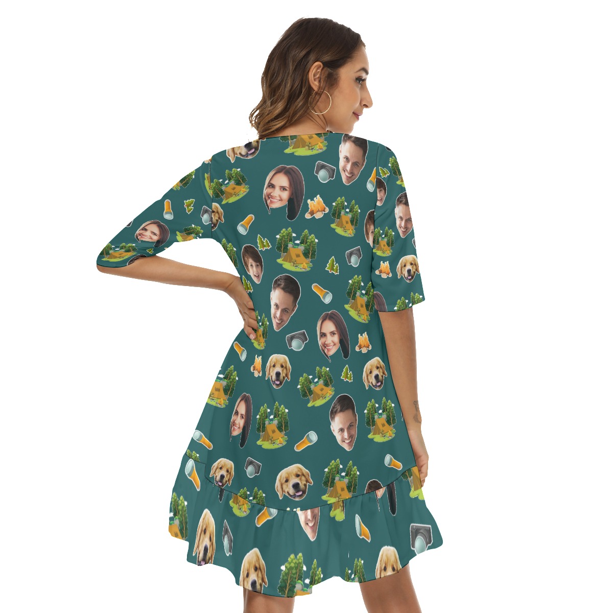 Funny Camping Custom Face Hawaiian Half Sleeve Dress With Ruffle Hem