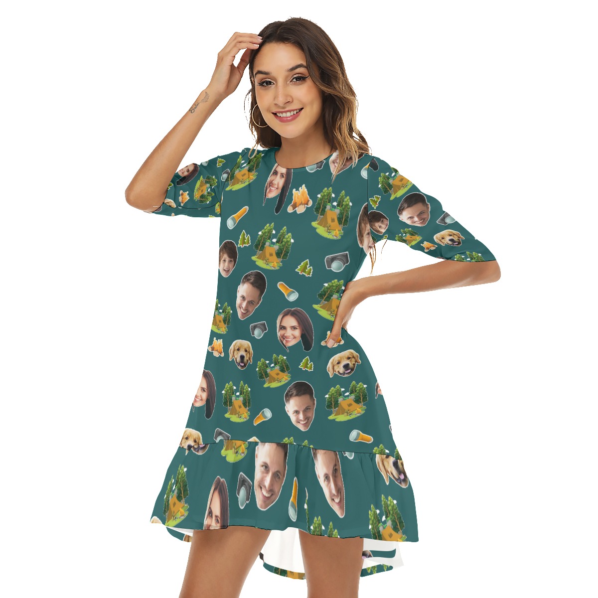 Funny Camping Custom Face Hawaiian Half Sleeve Dress With Ruffle Hem