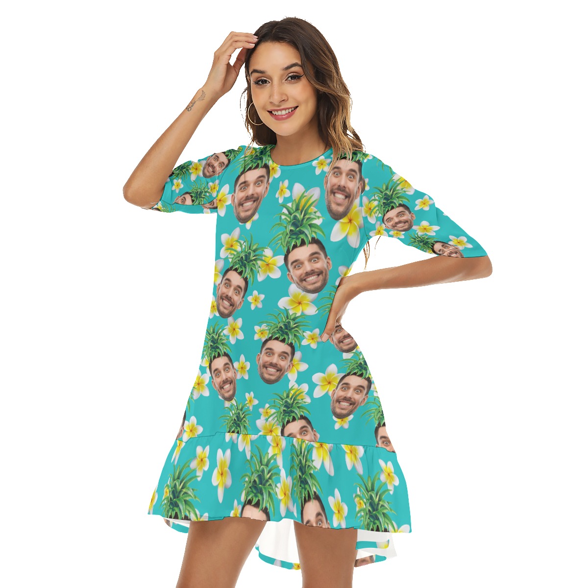 Funny Pineapple Custom Face Hawaiian Half Sleeve Dress With Ruffle Hem