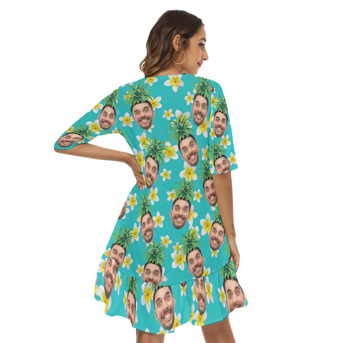 Funny Pineapple Custom Face Hawaiian Half Sleeve Dress With Ruffle Hem