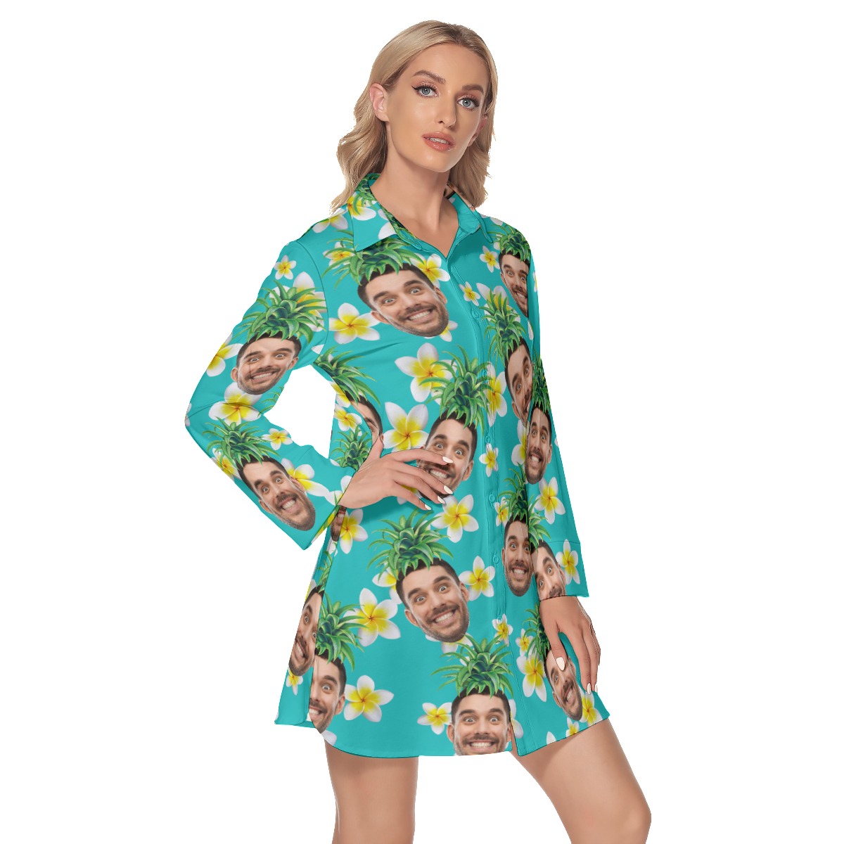 Funny Custom Face With Pineapple Hawaiian Shirt Dress For Women