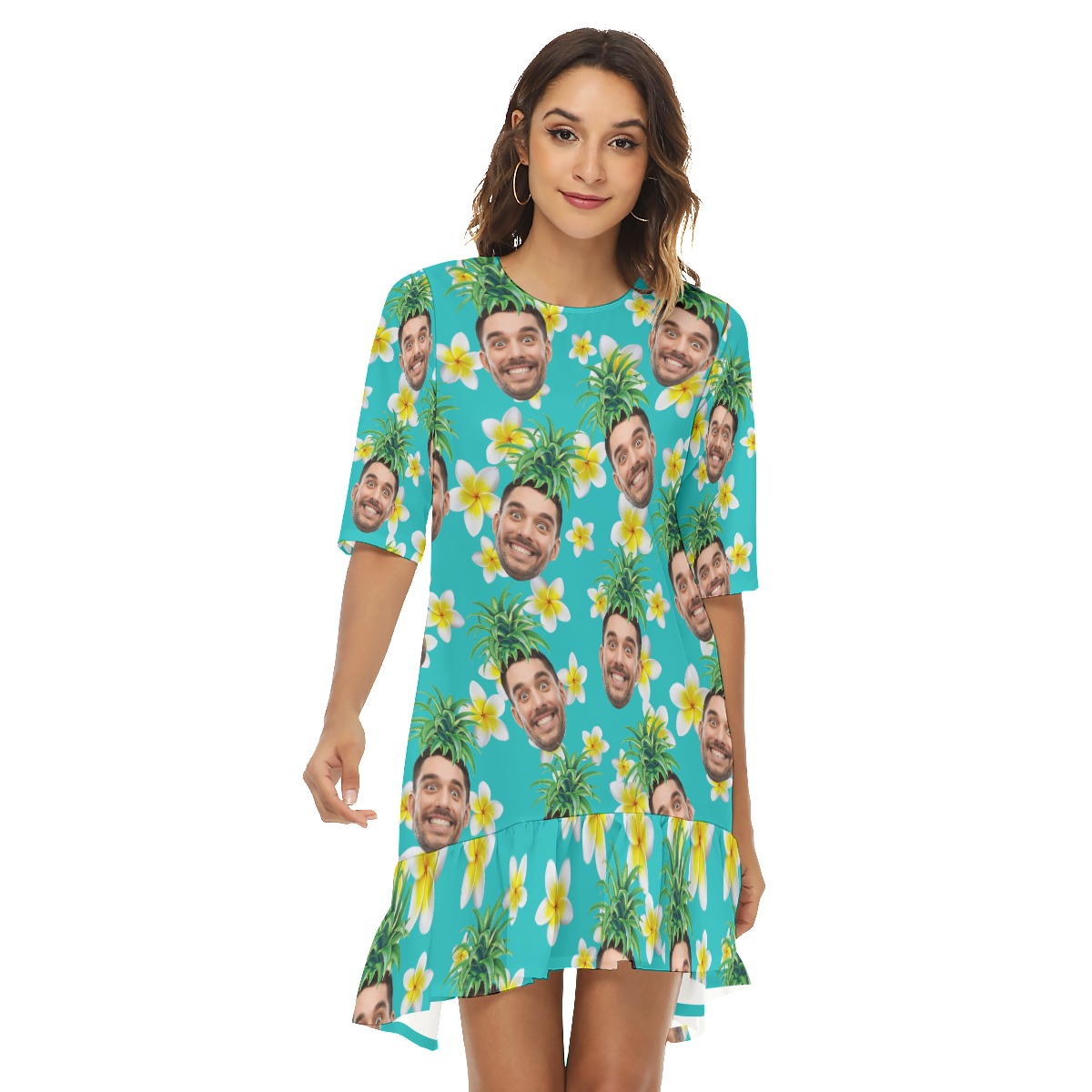 Funny Pineapple Custom Face Hawaiian Half Sleeve Dress With Ruffle Hem
