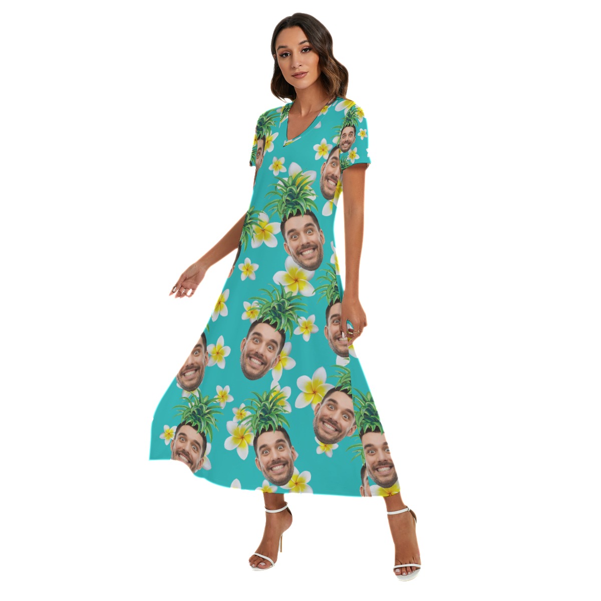 Funny Custom Face Pineapple Hawaiian Dress With Side Slit For Women