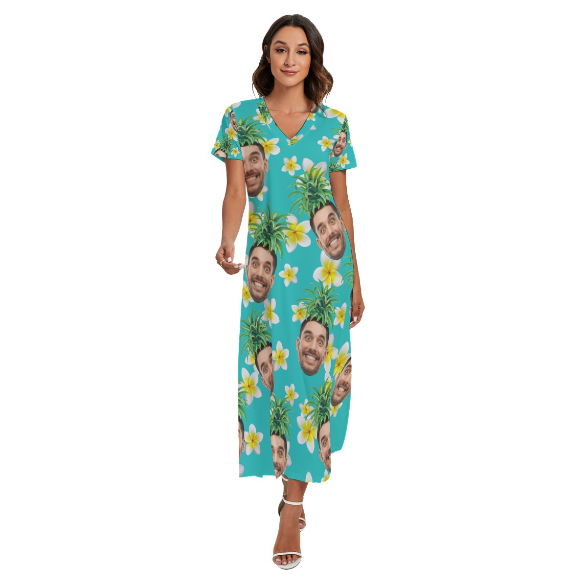 Funny Custom Face Pineapple Hawaiian Dress With Side Slit For Women