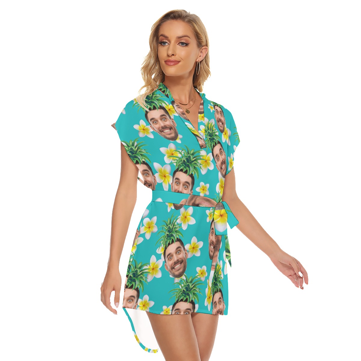 Funny Custom Face Pineapple Hawaiian Dress With Belt For Summer