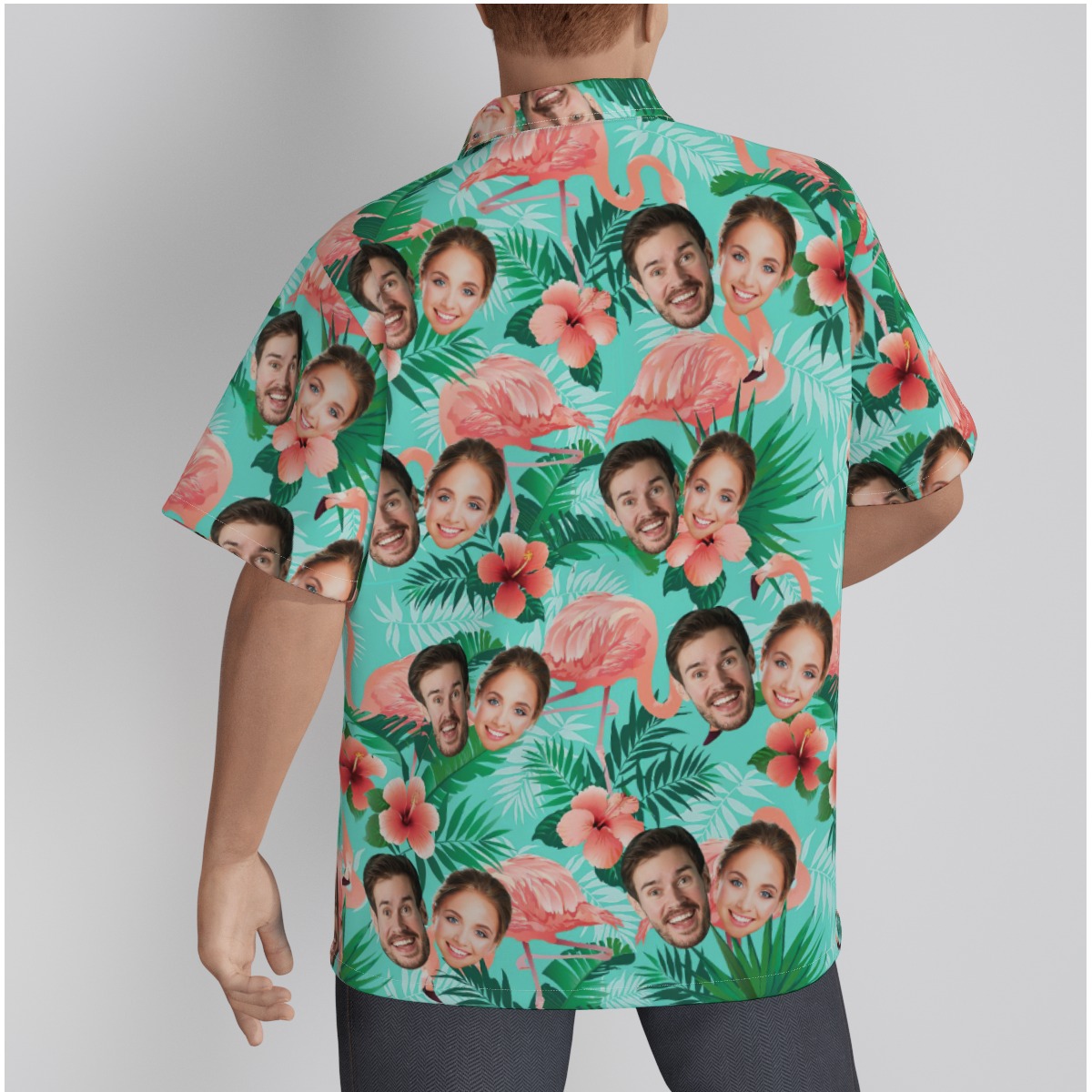 Flamingo Hibiscus Blue Custom Face Hawaiian Shirt For Couples
