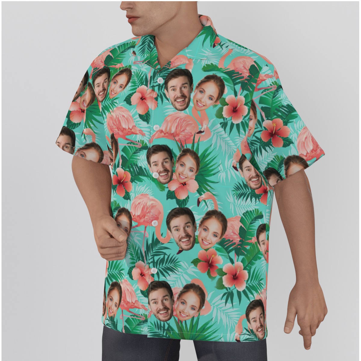 Flamingo Hibiscus Blue Custom Face Hawaiian Shirt For Couples