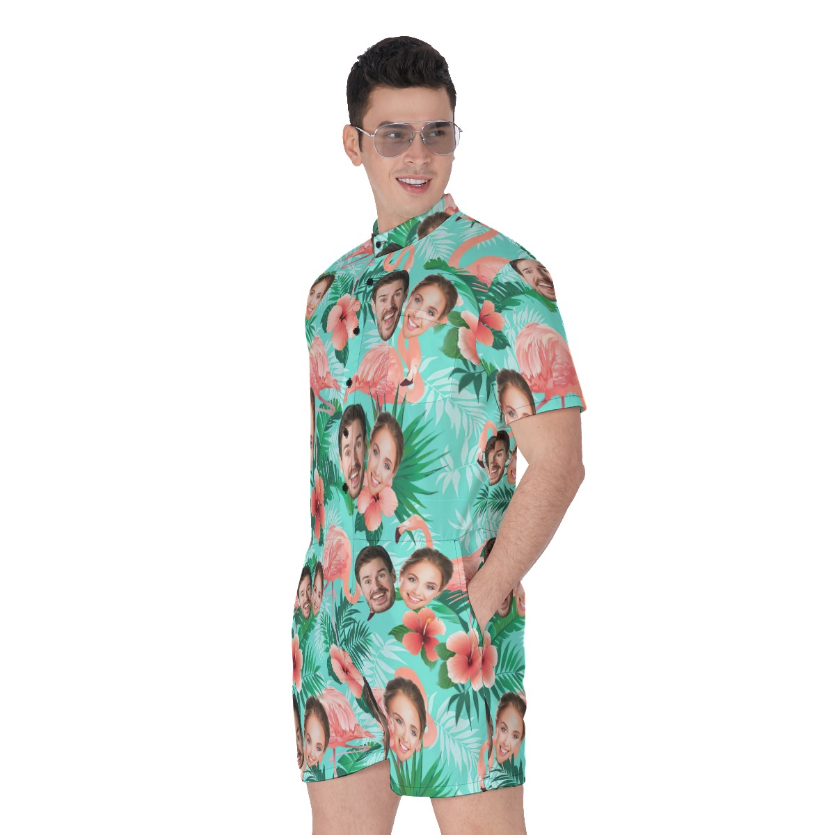 Flamingo Hibiscus Custom Hawaiian Men Romper With 2 Faces
