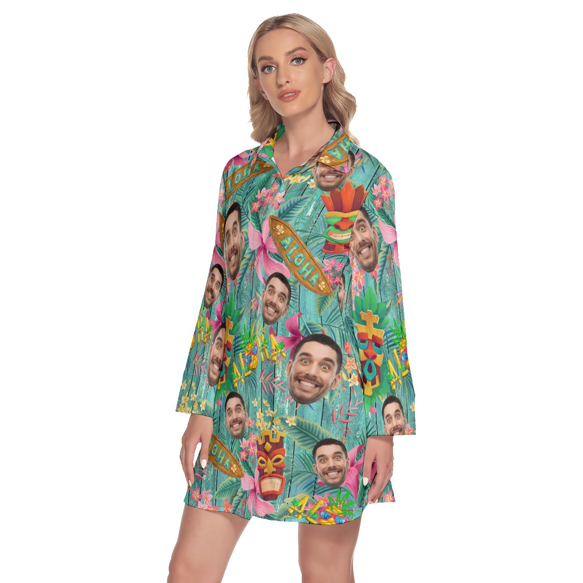 Funny Custom Face Tiki Vintage Hawaiian Shirt Dress For Women