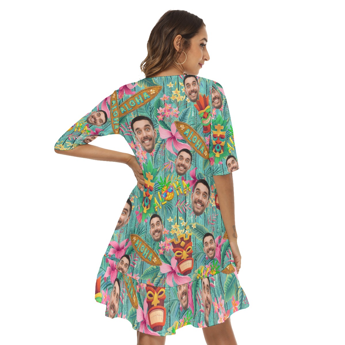 Vintage Tiki Custom Face Hawaiian Half Sleeve Dress With Ruffle Hem