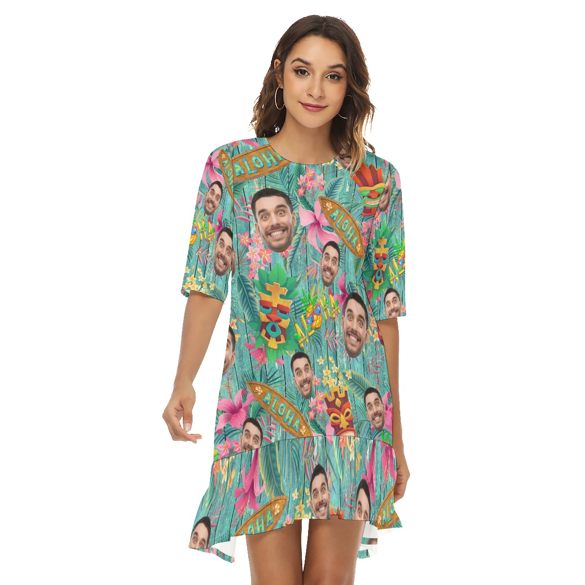 Vintage Tiki Custom Face Hawaiian Half Sleeve Dress With Ruffle Hem