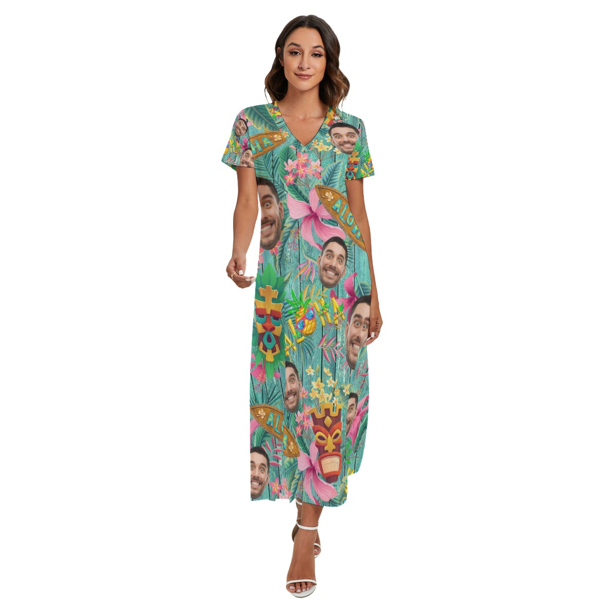 Custom Face Vintage Hawaiian V-Neck Dress With Side Slit