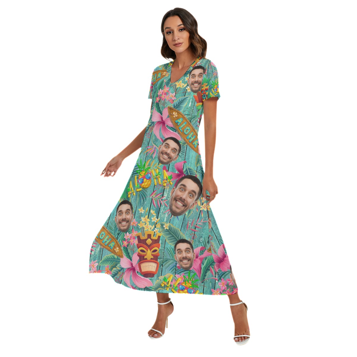 Custom Face Vintage Hawaiian V-Neck Dress With Side Slit
