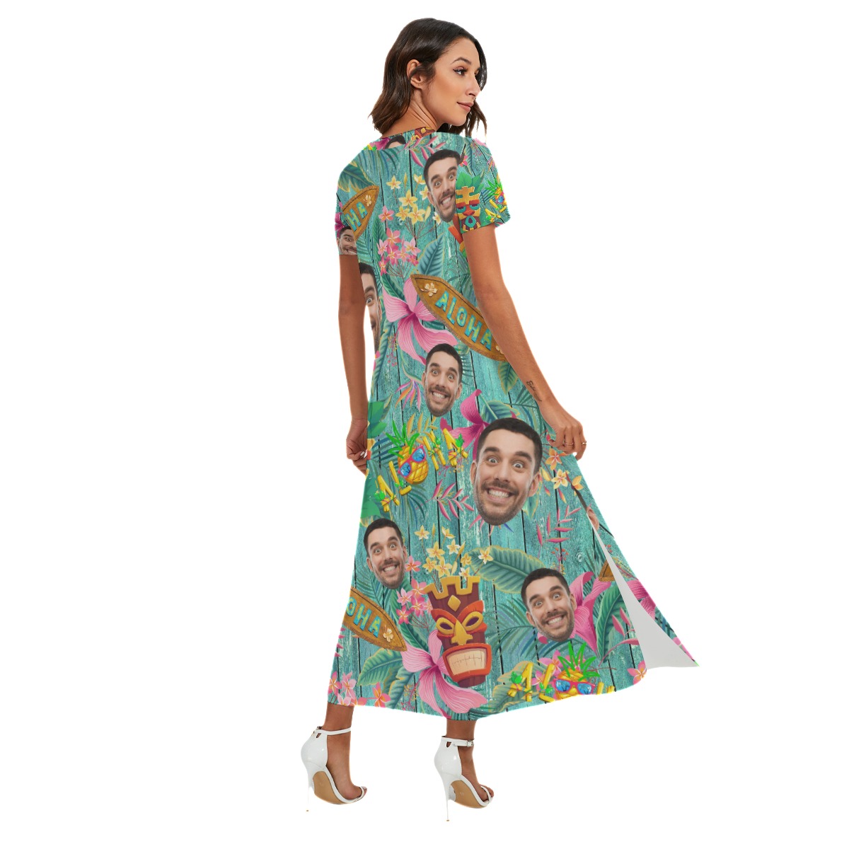 Custom Face Vintage Hawaiian V-Neck Dress With Side Slit