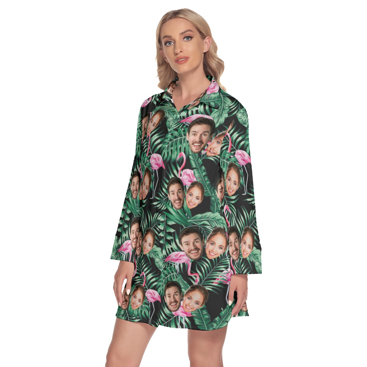 Flamingo Tropical Custom 2 Faces Lapel Long Sleeve Dress