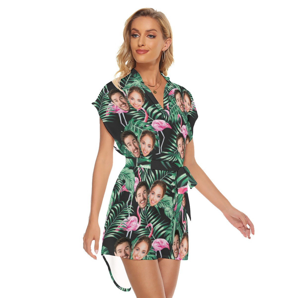 Flamingo Tropical Custom 2 Faces Women's Hawaiian Dress With Belt