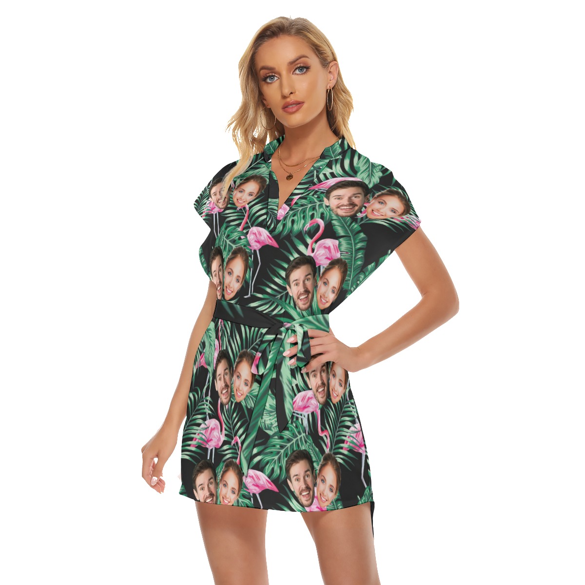 Flamingo Tropical Custom 2 Faces Women's Hawaiian Dress With Belt