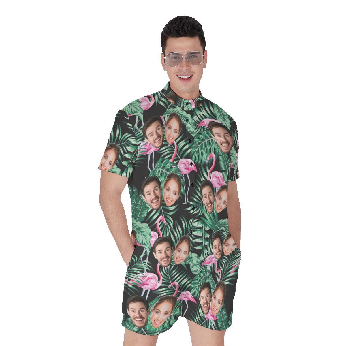 Flamingo Tropical Custom Hawaiian Men Romper Jumpsuit - variant image 1