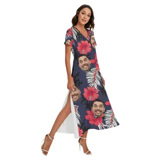 Funny Custom Face Hibicus Women's Side Slit Hawaiian Dress