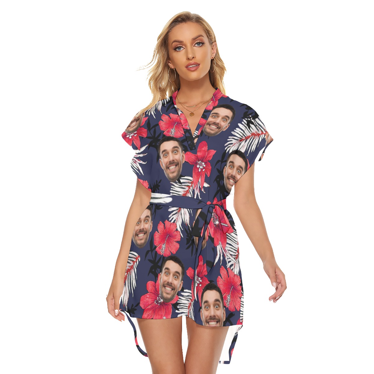 Funny Custom Face Hibicus Hawaiian Dress With Belt For Women - variant image 1