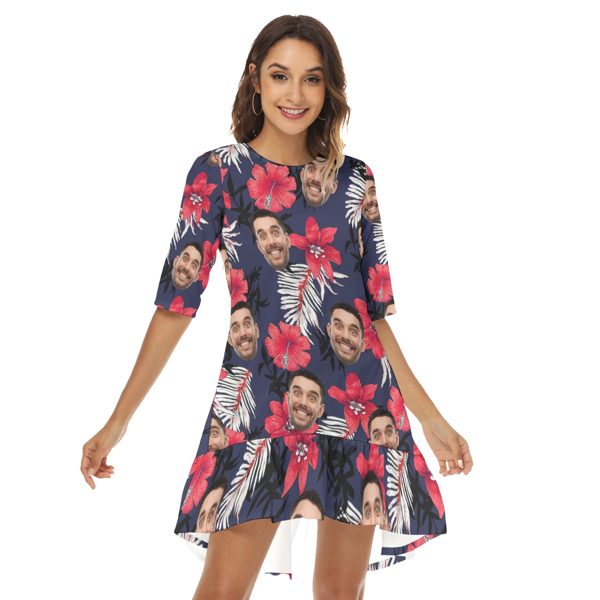Funny Floral Custom Face Hawaiian Half Sleeve Dress With Ruffle Hem - variant image 1