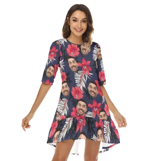 Funny Floral Custom Face Hawaiian Half Sleeve Dress With Ruffle Hem