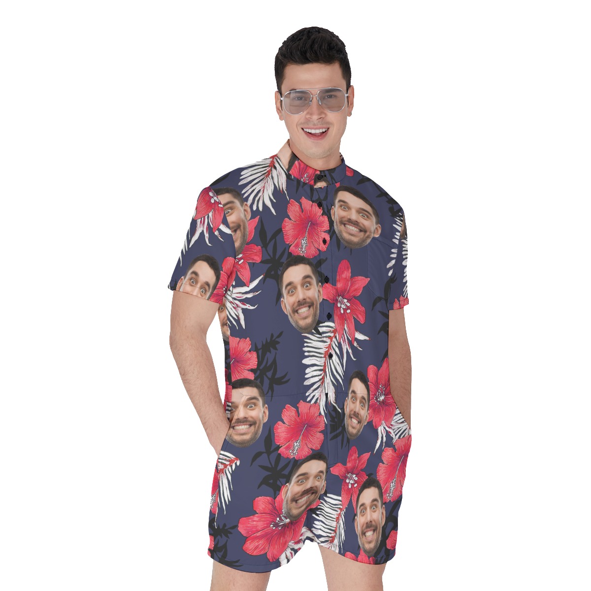 Funny Custom Face Men's Hibicus Hawaiian Romper For Summer - variant image 1