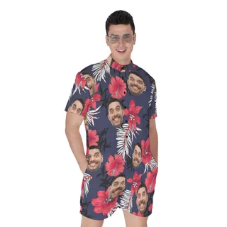 Funny Custom Face Men's Hibicus Hawaiian Romper For Summer