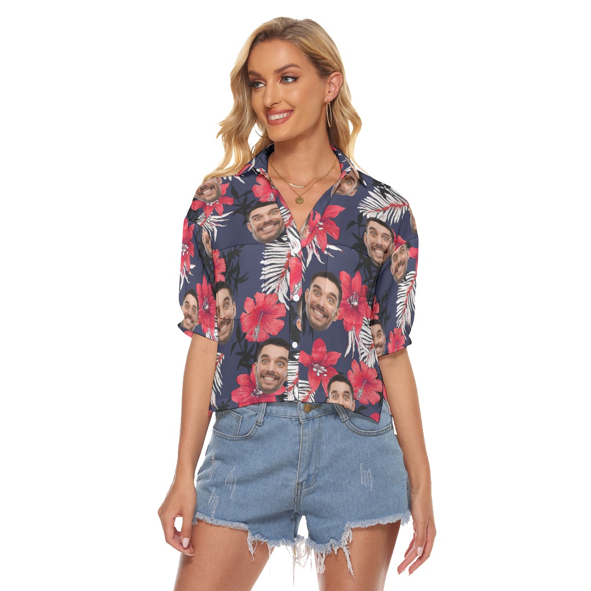 Hibicus Hawaiian Cropped Shirt With Custom Face For Women - variant image 1