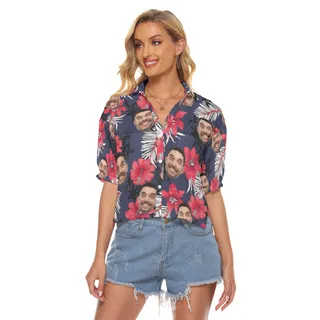 Hibicus Hawaiian Cropped Shirt With Custom Face For Women