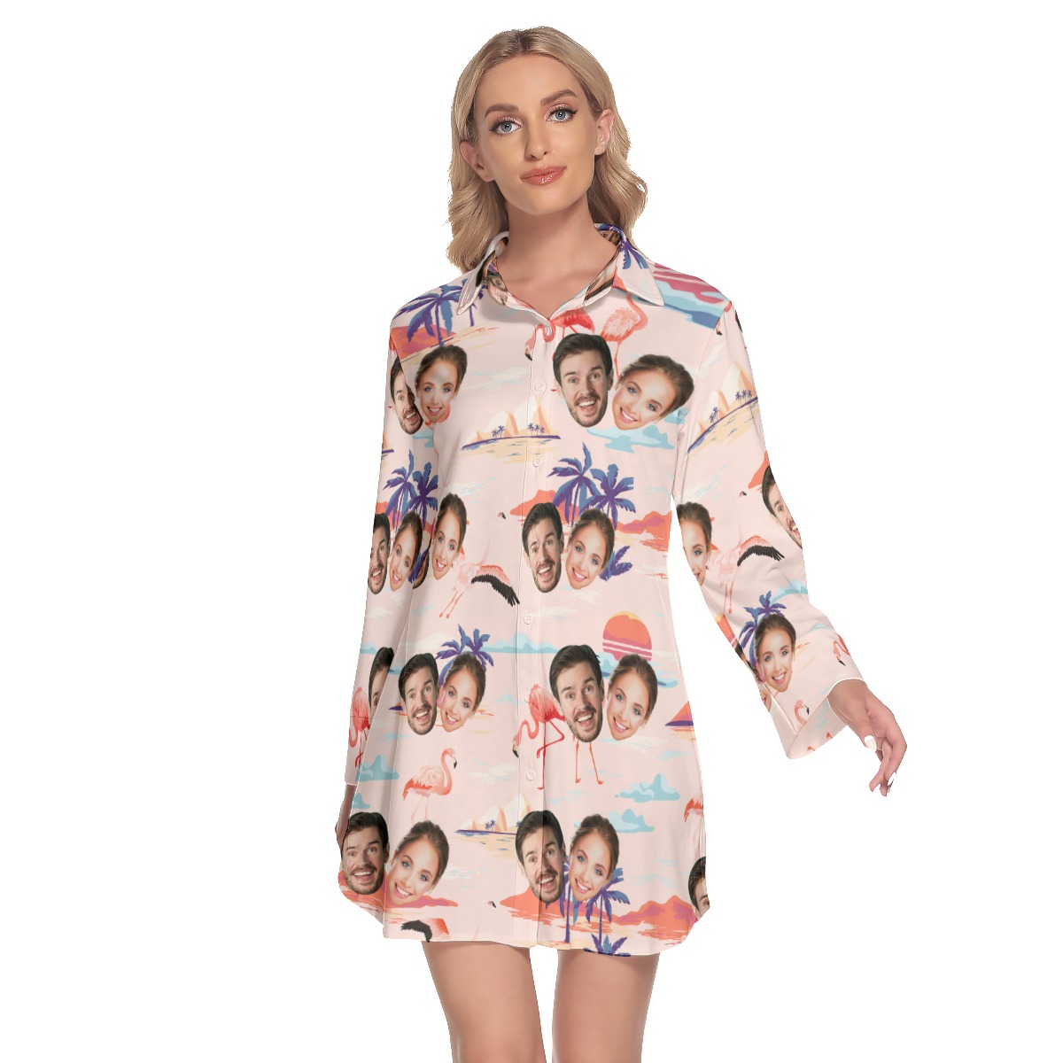 Pink Flamingo Lapel Long Sleeve Beach Dress With 2 Custom Faces - variant image 1